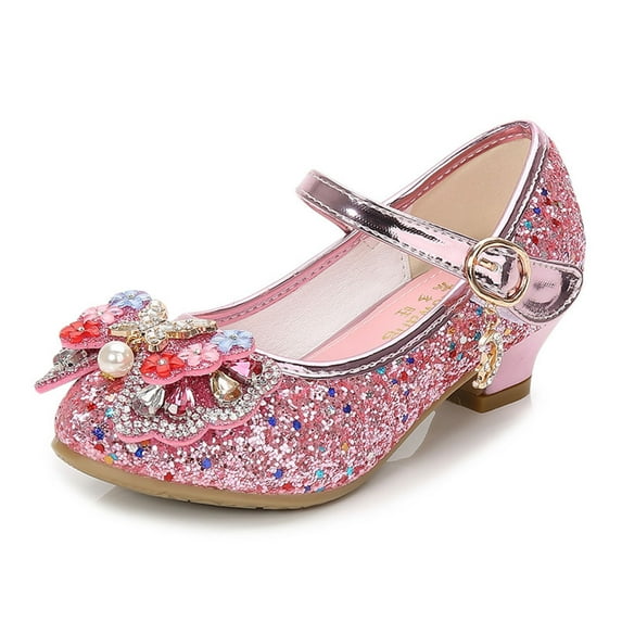 QHFBli Girls Mary Jane Low Heels Dress Shoes Wedding Party Shoes Glitter Sequins Princess Shoes Kids Flower Shoes