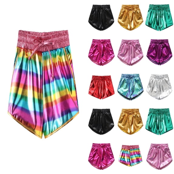 QHFBli Girls Metallic Shorts Sparkly Dance Outfits Elastic Drawstring Shiny Hot Short Pants Summer Practice Pants for Boys And Girls Multicolour 110