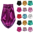thumbnail image 1 of QHFBli Girls Metallic Shorts Sparkly Dance Outfits Elastic Drawstring Shiny Hot Short Pants Summer Practice Pants for Boys And Girls Purple 150, 1 of 5