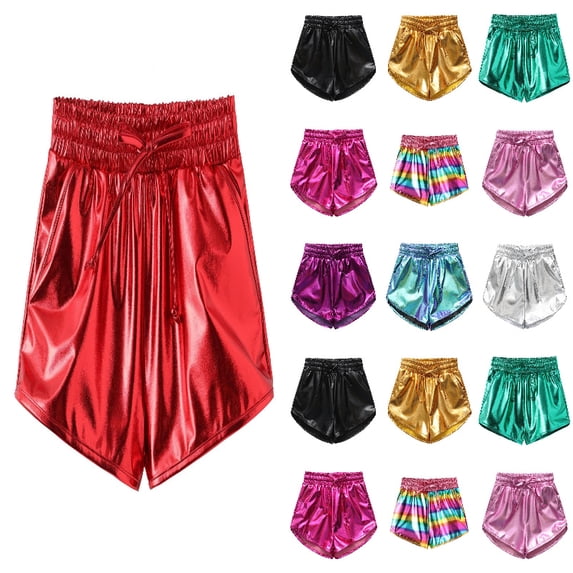 QHFBli Girls Metallic Shorts Sparkly Dance Outfits Elastic Drawstring Shiny Hot Short Pants Summer Practice Pants for Boys And Girls Red 140
