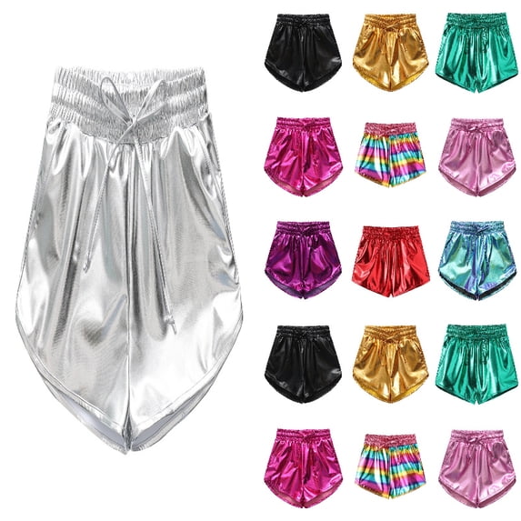 QHFBli Girls Metallic Shorts Sparkly Dance Outfits Elastic Drawstring Shiny Hot Short Pants Summer Practice Pants for Boys And Girls Silver 110