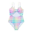 thumbnail image 1 of QHFBli Girls One Piece Swimsuit with Checkered Pattern and White Ruffles Sky Blue 8-9 Years, 1 of 6