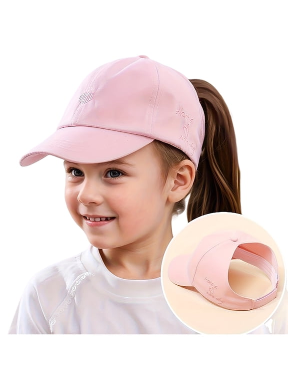 Girls Ponytail Baseball Cap, Embroidered UV Protection Summer Sun Visor Hat for Kids
