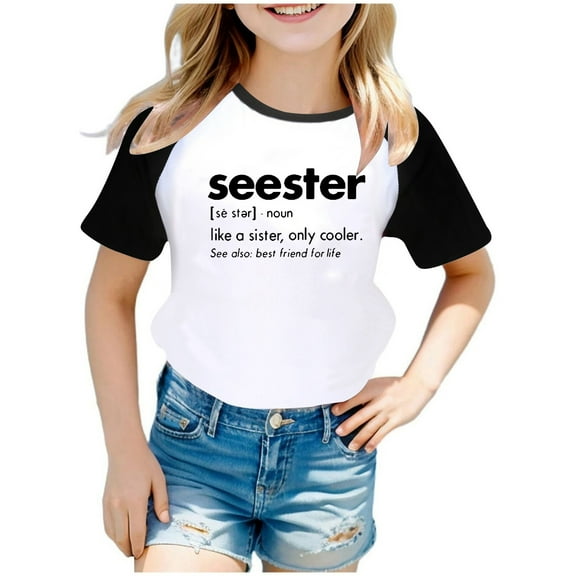 QHFBli Girls Seester Like A Sister Only Cooler T-Shirt Short Sleeve Letter Printed Shirt Blouse Top Long Sleeve Crop Tops Black 11-12 Years