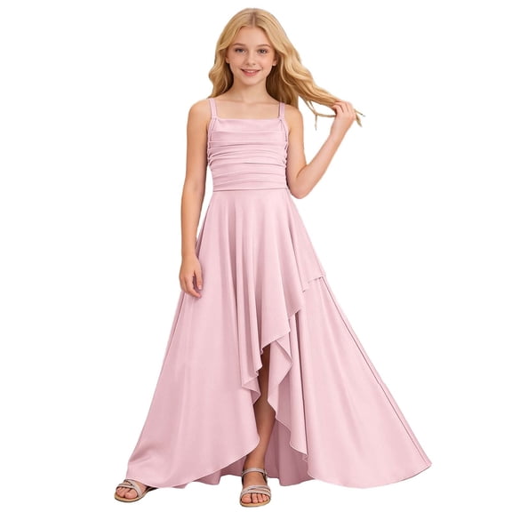 QHFBli Girls Spring Dress Ruched Smocked Graduation Flowy Ruffle Summer Girl Dresses Sleeveless Tween Pink 9-10 Years