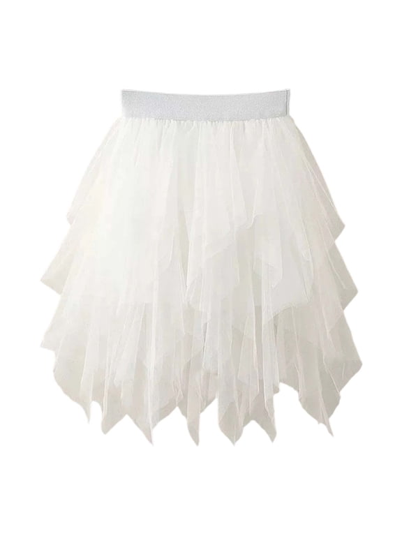 Girls Tulle Skirts Midi Long Fairy Skirt Tutu A-Line Mesh Layered High Elastic Waist Halloween Skirts White 6-7 Years