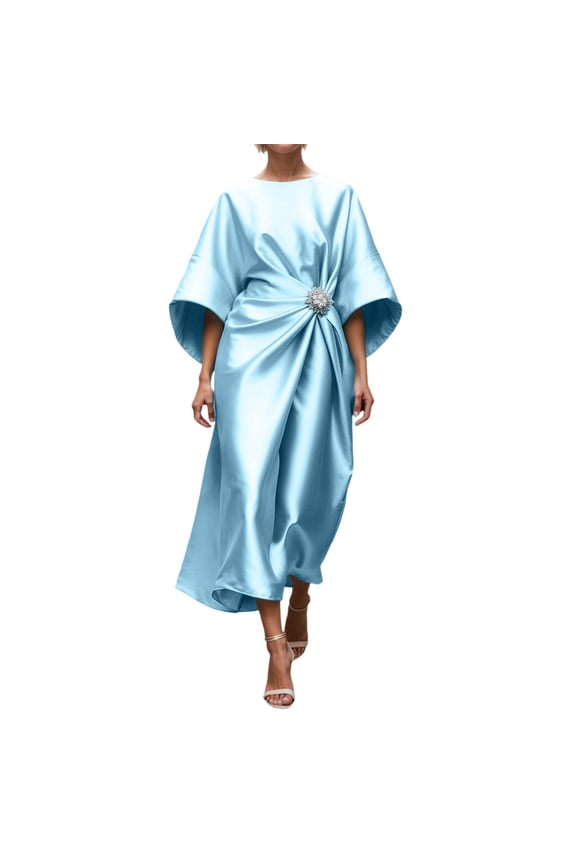 Half Sleeve Satin Mother of The Bride Dresses for Women Tea Length Formal Dress A Line Evening Party Gown with Beaded