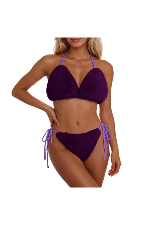 High Waisted Bikini Sets for Women Push Up Fuzzy Sexy Swimwear Beach Vacation Bathing Suits String Triangle Swimwear