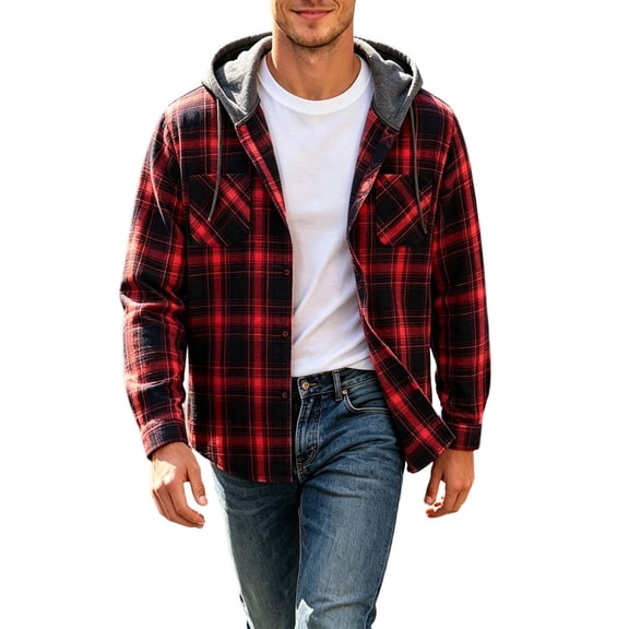 QHFBli Hooded Plaid Shirt Jacket for Men, Red‑Black Buffalo Check Button‑Up Flannel Shacket with Drawstring Hood and Chest Pockets for Outdoor & Daily Outfits