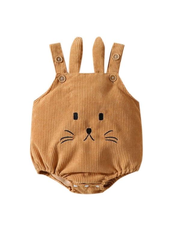 Infant Boys Easter Rabbit Sleeveless Overalls Romper, Corduroy Bunny Ear Design Cute Embroidered Face Bubble Onesie Brown 6-12 Months