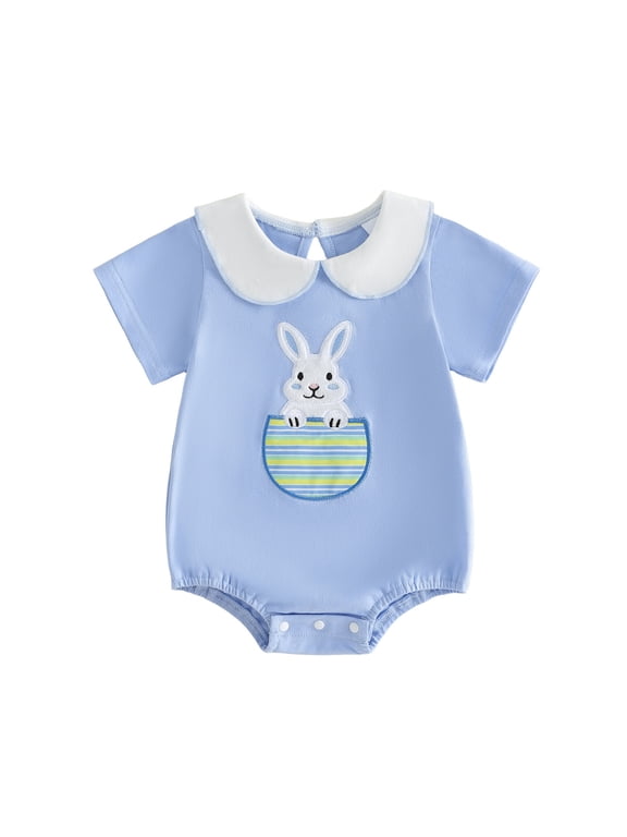 Cute Bunny Embroidery Peter Pan Collar Romper, Short Sleeve Triangle Bubble Bodysuit, Baby Summer Daily Wear 6-12 Months