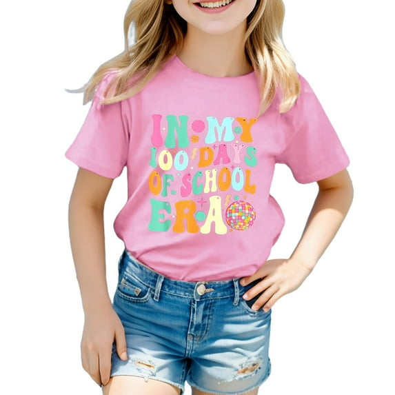 QHFBli Kids 100th Day of School Shirt for Boys Girls Colorful Letter Printed T Shirts Short Sleeve Cute Graphic Tee Tops Pink 130