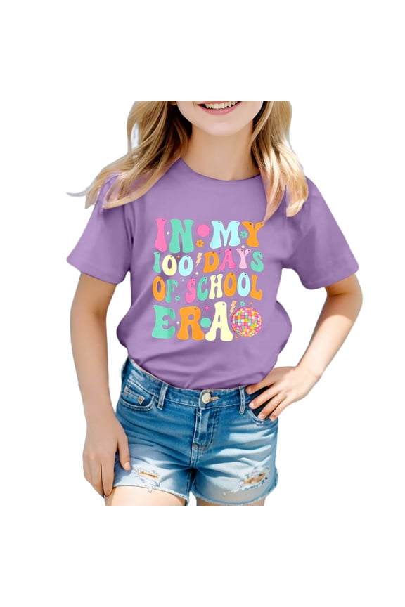 Kids 100th Day of School Shirt for Boys Girls Colorful Letter Printed T Shirts Short Sleeve Cute Graphic Tee Tops Purple 140