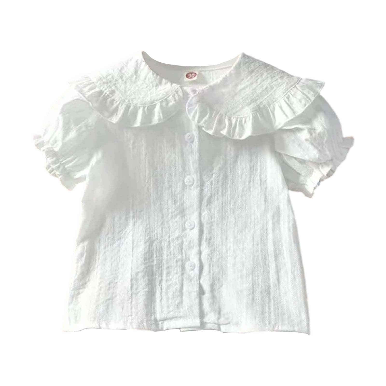 Toddler Girl's Short Sleeve Collar Shirt - Puff Sleeve Basic Cotton Top, Lightweight Solid Color T-Shirt For Baby & Kids