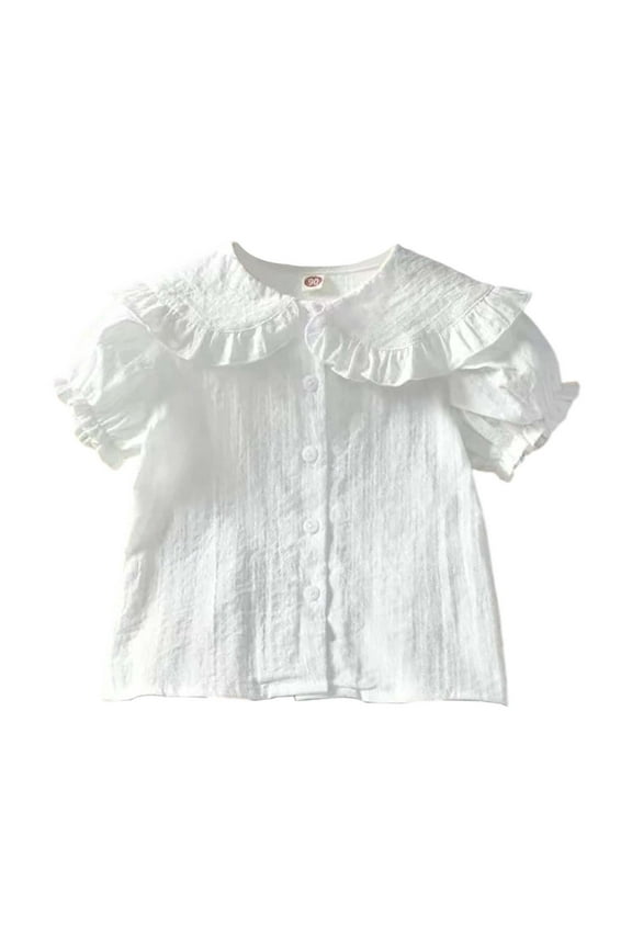 Kids Baby Girl Long Sleeve Collar Shirt Toddler White Blouse Puff Short Sleeve T-Shirt Solid Color Basic Top Bottom