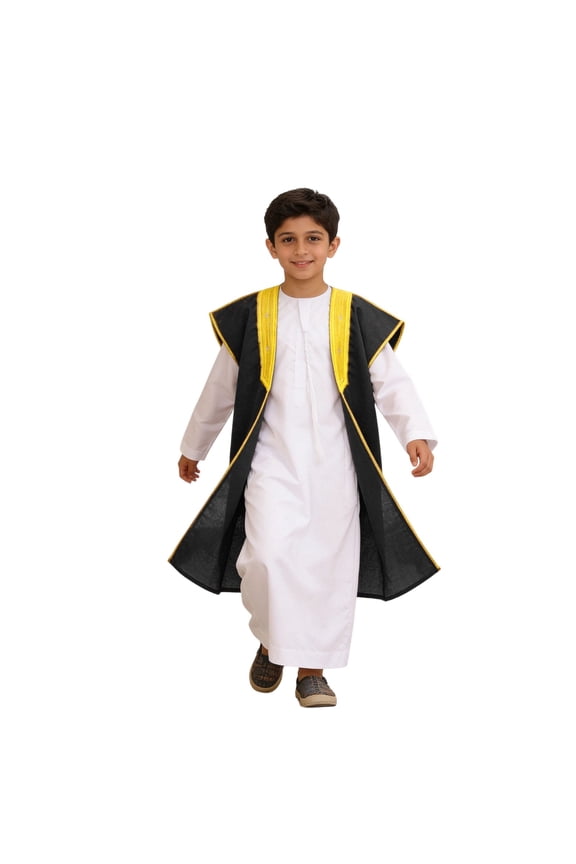 Boys Muslim Arab Solid Color Thobe Long Sleeve Kaftan Embroidered Robe Islamic Arabic Abaya Thobe