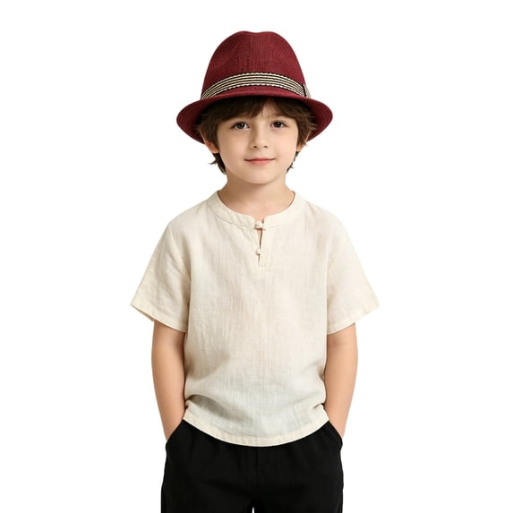 QHFBli Kids Boys Spring Summer Fedora Hat, Lightweight Woven Straw Gentleman Cap, Striped Band Kids Outdoor Beach Sun Hat 2-8 Years