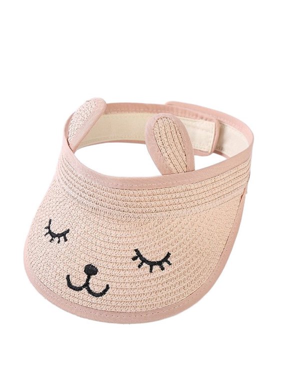 Kids Cat Embroidery Straw Visor Hat, Korean Style Baby Sun Hat, Hollow Top Wide Brim UV Protection Cap for Toddlers