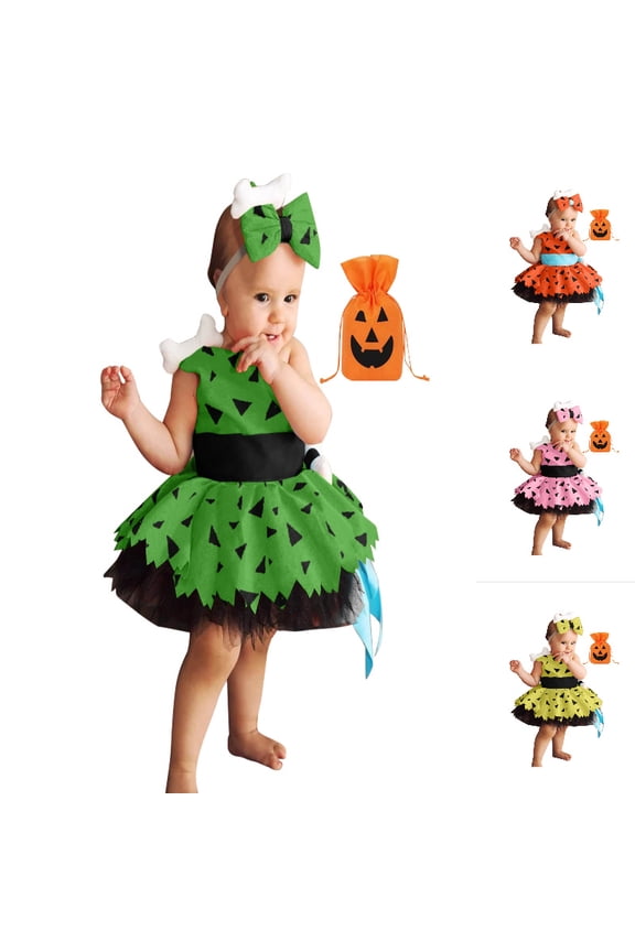 Kids Caveman Tutu Dress , Girls Halloween Themed Outfit with Headband and Candy Bag Green 2-3 Years