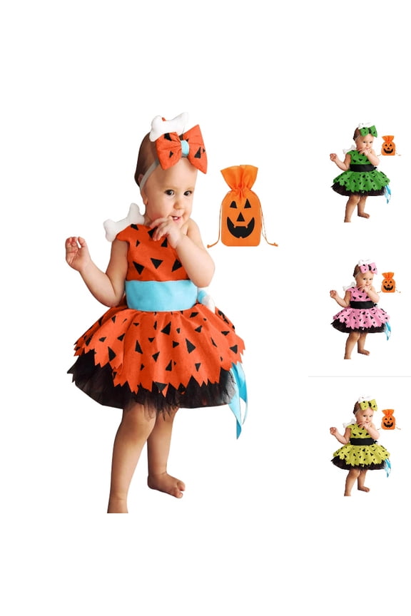 Kids Caveman Tutu Dress , Girls Halloween Themed Outfit with Headband and Candy Bag Orange 2-3 Years