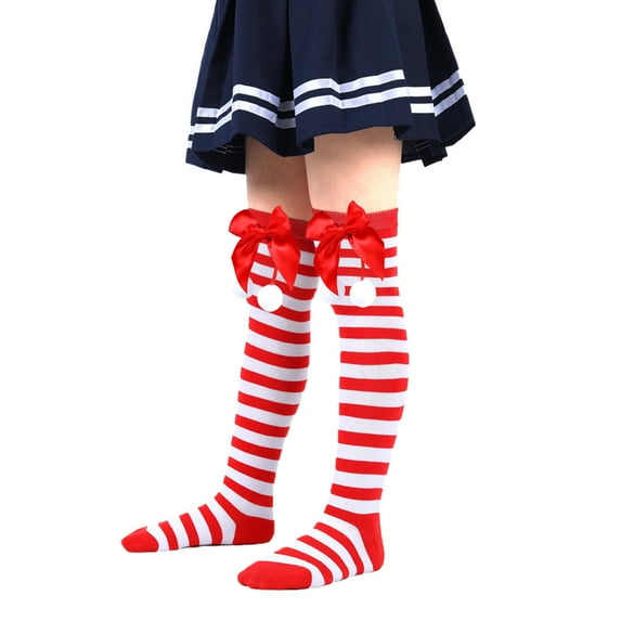 QHFBli Kids Christmas Striped Thigh High Socks Christmas Socks Boys Girls Long Striped Socks Candy Cane High Stockings with Bow Girls