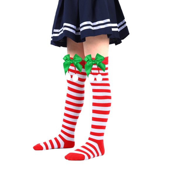 QHFBli Kids Christmas Striped Thigh High Socks Christmas Socks Boys Girls Long Striped Socks Candy Cane High Stockings with Bow Girls