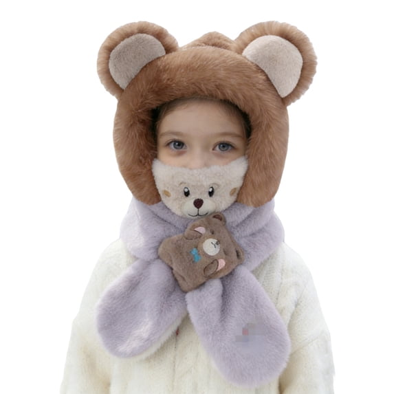 QHFBli Kids Cute Bear Ear Hat Scarf Combo, Plush Fleece Ear‑Flap Hooded Hat for Toddler Boys Girls Winter Warm