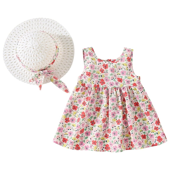 QHFBli Kids Floral Print Sleeveless Sundress, Girls Summer Dress with Matching Hat and Bow Princess Dress Clothes Red 6-12 Months