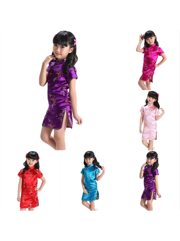Kids Floral Qipao Dress, Girls Short Sleeve Chinese Traditional Cheongsam for Festivals and Parties Dark Purple 3-4 Years