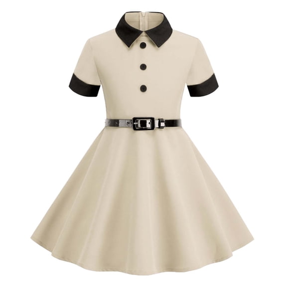 QHFBli Kids Girls 1950s Retro Vintage Dress Long Sleeve Contrast Panel Belted Swing Dresses with Pockets Party Dress OTHER 7-8 Years