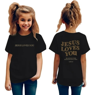 QHFBli Kids Girls Jesus Loves You Round Neck Oversized Jesus is King Girls T Shirts Half Sleeve Drop Shoulder Tee