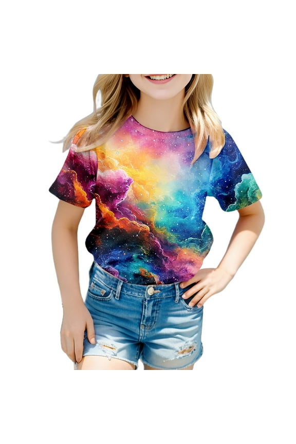 Kids Girls Shirt Short Sleeve Crewneck Tshirts Galaxy Print Graphic Printed Cute Funny Casual Fashion Top Kids Clothes