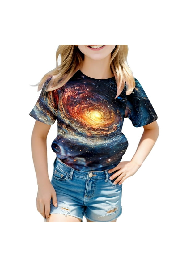 Kids Girls Shirt Short Sleeve Crewneck Tshirts Galaxy Print Graphic Printed Cute Funny Casual Fashion Top Kids Clothes
