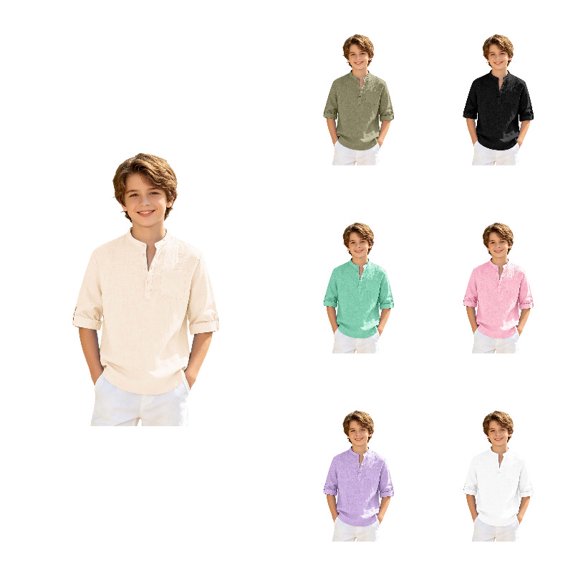 QHFBli Kids Half-Placket Shirts, Boys 3/4 Sleeve Cotton Linen Tops, Breathable Stand Collar Blouses for Spring & Summer Beige 11-12 Years