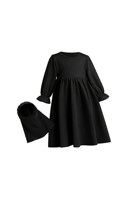 Kids Prayer Dress Clothes for Girls Long Sleeve Abaya with Hijab Two Piece Maxi Set Scarf Kaftan Jilbab Black 4-5 Years