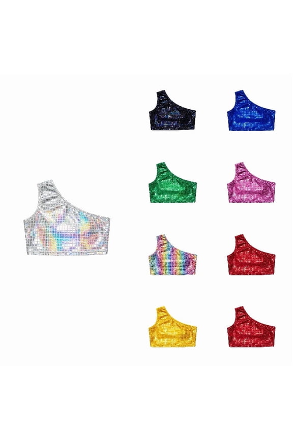 Kids Square Sequin One-Shoulder Crop Tops, Shiny Grid Glitter Vests, Stage & Dance Performance Outfits for Girls White 3-6 Years