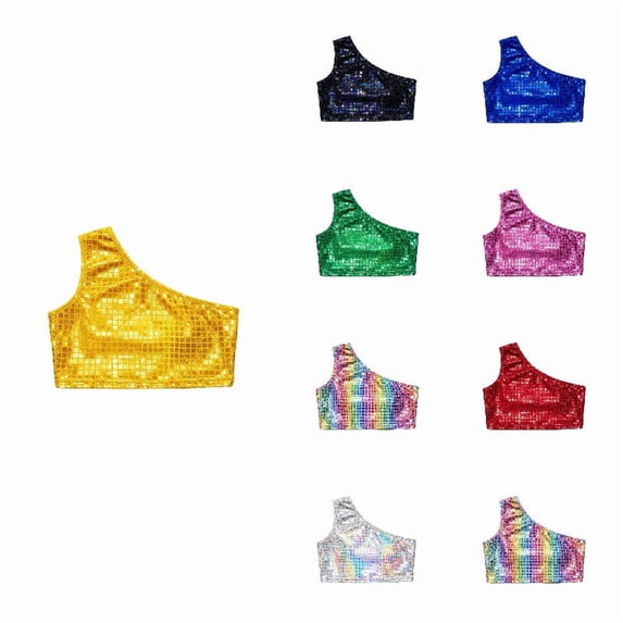 QHFBli Kids Square Sequin One-Shoulder Crop Tops, Shiny Grid Glitter Vests, Stage & Dance Performance Outfits for Girls Yellow 7-10 Years