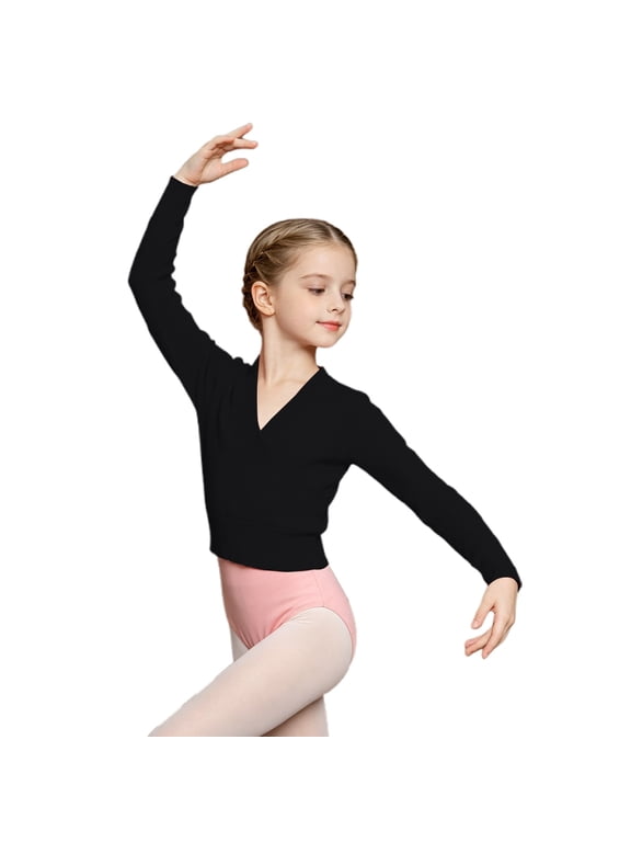 Kids V Neck Pullover Knit Ballet Sweater, Fall Winter Long Sleeve Dance Warm Up Top, Gymnastics Cardigan for Girls Black 3-5 Years