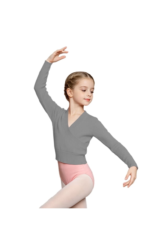Kids V Neck Pullover Knit Ballet Sweater, Fall Winter Long Sleeve Dance Warm Up Top, Gymnastics Cardigan for Girls Grey 3-5 Years