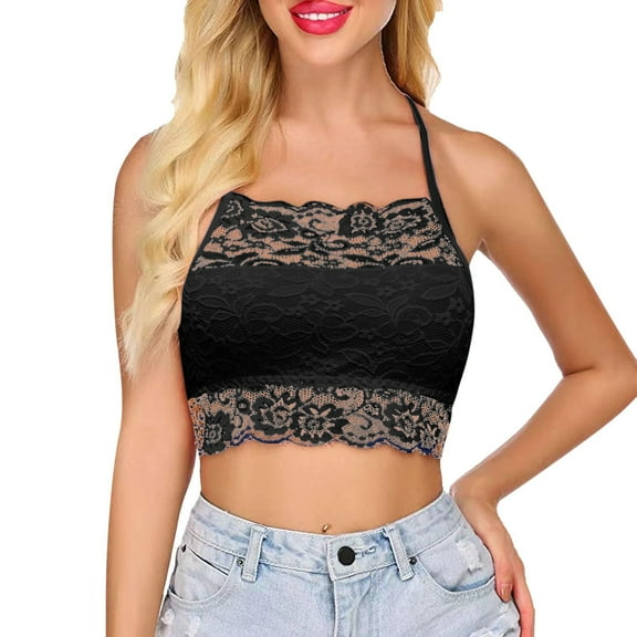QHFBli Lace Bralette for Women High Neck Camisoles Racerback Double-Layered Crop Top