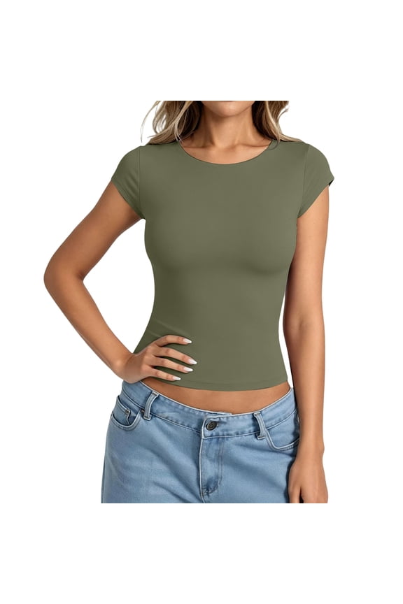 Ladies Short Sleeve Form-Fitting Tops, Crew Neck Solid Color Crop T-Shirts, Soft Stretch Basic Tees for Everyday Wear Army Green M