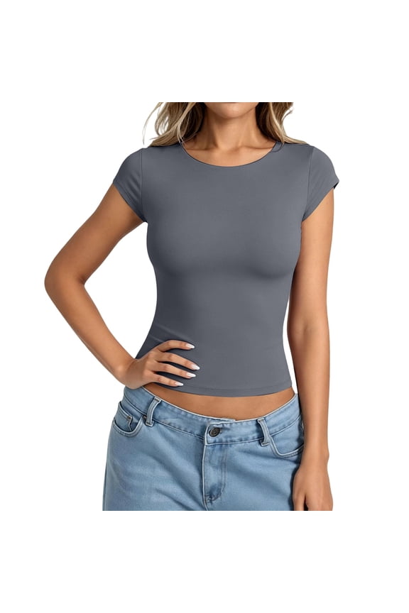 Ladies Short Sleeve Form-Fitting Tops, Crew Neck Solid Color Crop T-Shirts, Soft Stretch Basic Tees for Everyday Wear Grey M
