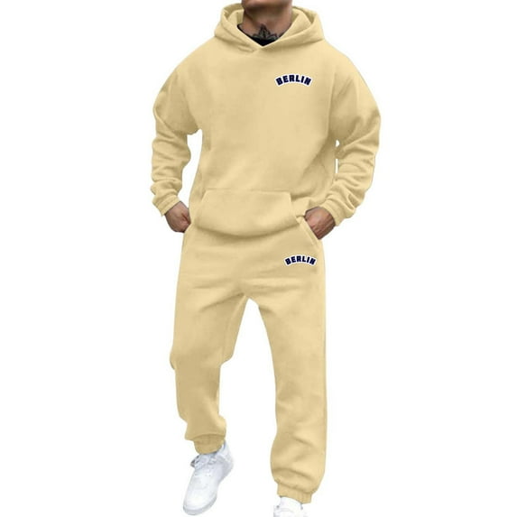 QHFBli Lightweight Men's Hoodie Mens and WoMens Autumn Winter Casual Fashion Letter Print Athletic Long Sleeve Hooded Sweatshirt Set Khaki M