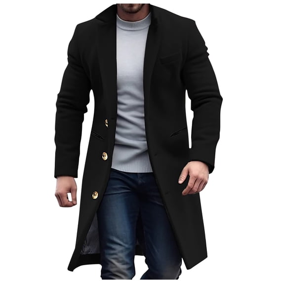 QHFBli Lightweight Mens Trench Coat Men Solid Color Lapel Button Cardigan Mid Length Windbreaker Jacket Casual Loose Comfortable Business Black XXXL