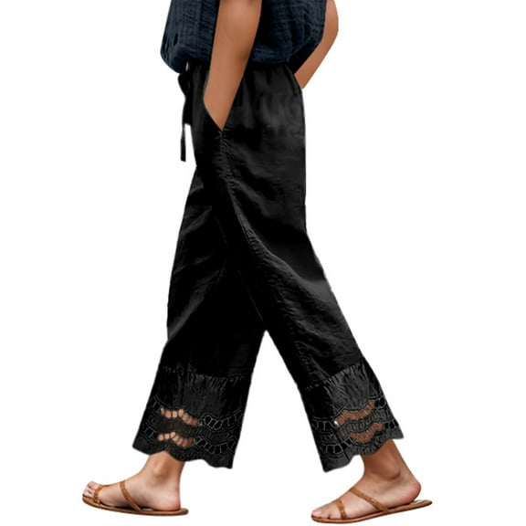 QHFBli Linen Pants for Women 2029 Summer High Waist Elastic Straight Leg Lounge Pant Casual Loose Lightweight Beach Trousers