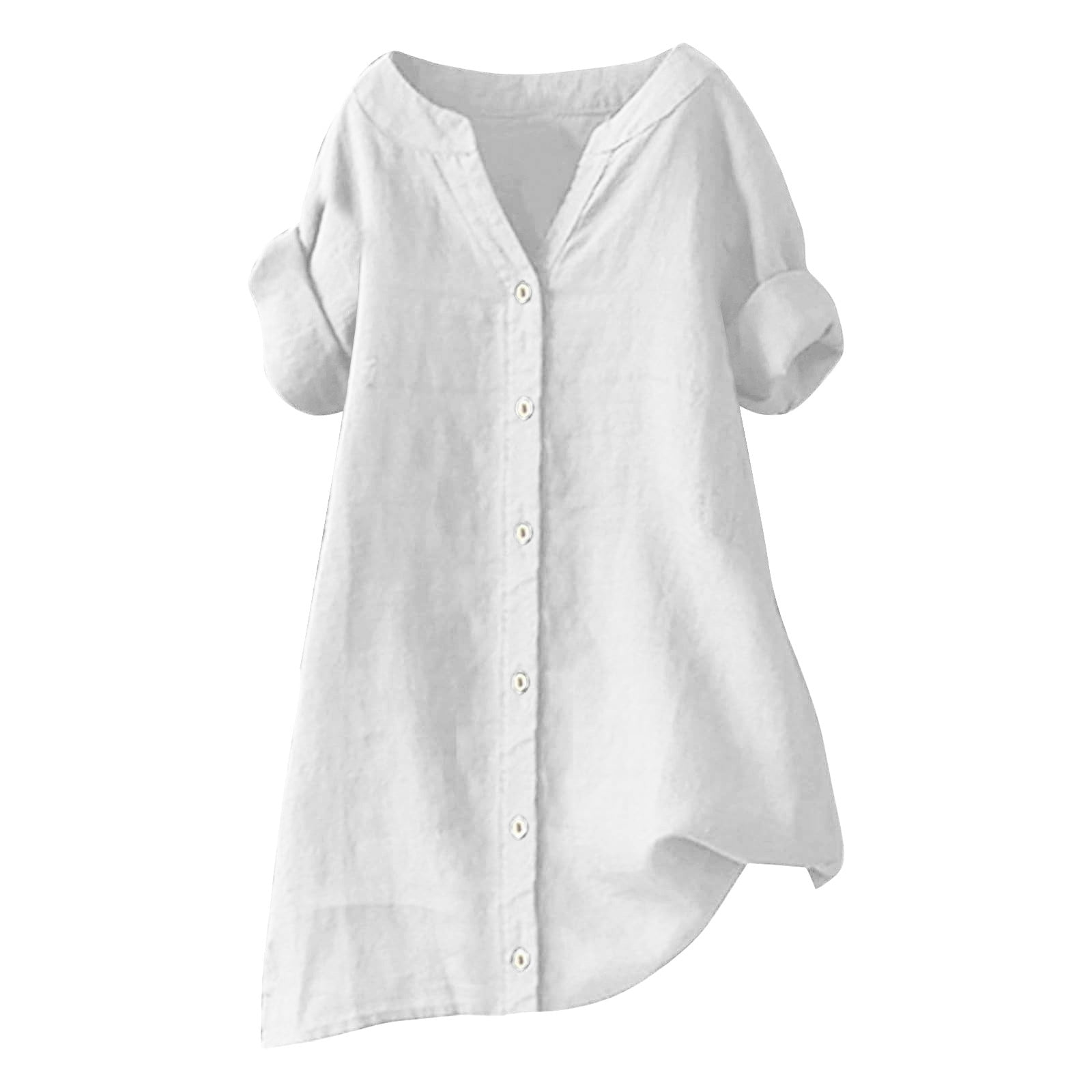 QHFBli Linen Shirts for Women Plus Size Short Sleeve V Neck Shirts ...