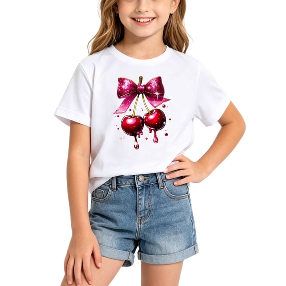 QHFBli Little Girls Cherry Rhinestone Print T-Shirt, Soft Breathable Crew Neck Loose Fashion Short Sleeve Top for Daily Outdoor Wear 6-8 Years