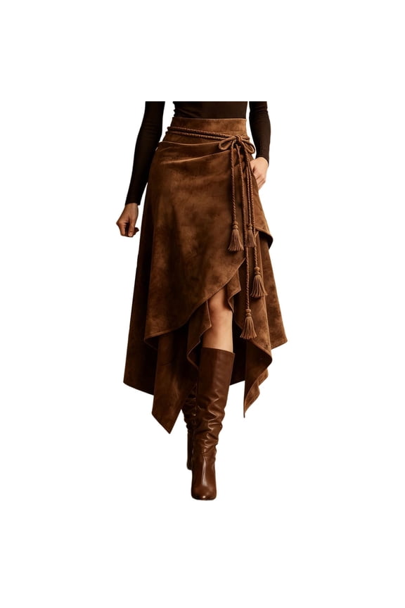 Long Suede Leather Skirt for Women Ruffle Asymmetrical Western Boho Country Cowgirl Skirts