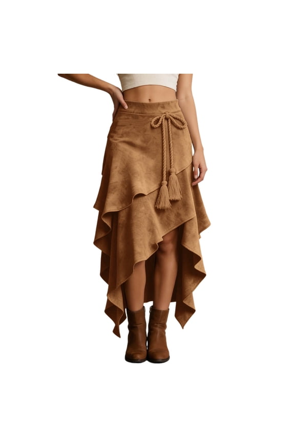 Long Suede Leather Skirt for Women Ruffle Asymmetrical Western Boho Country Cowgirl Skirts