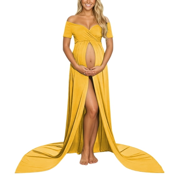 QHFBli Maternity Off Shoulder Long Sleeve Fitted Gown Maxi Chiffon Dress for Photo Shoot Baby Shower